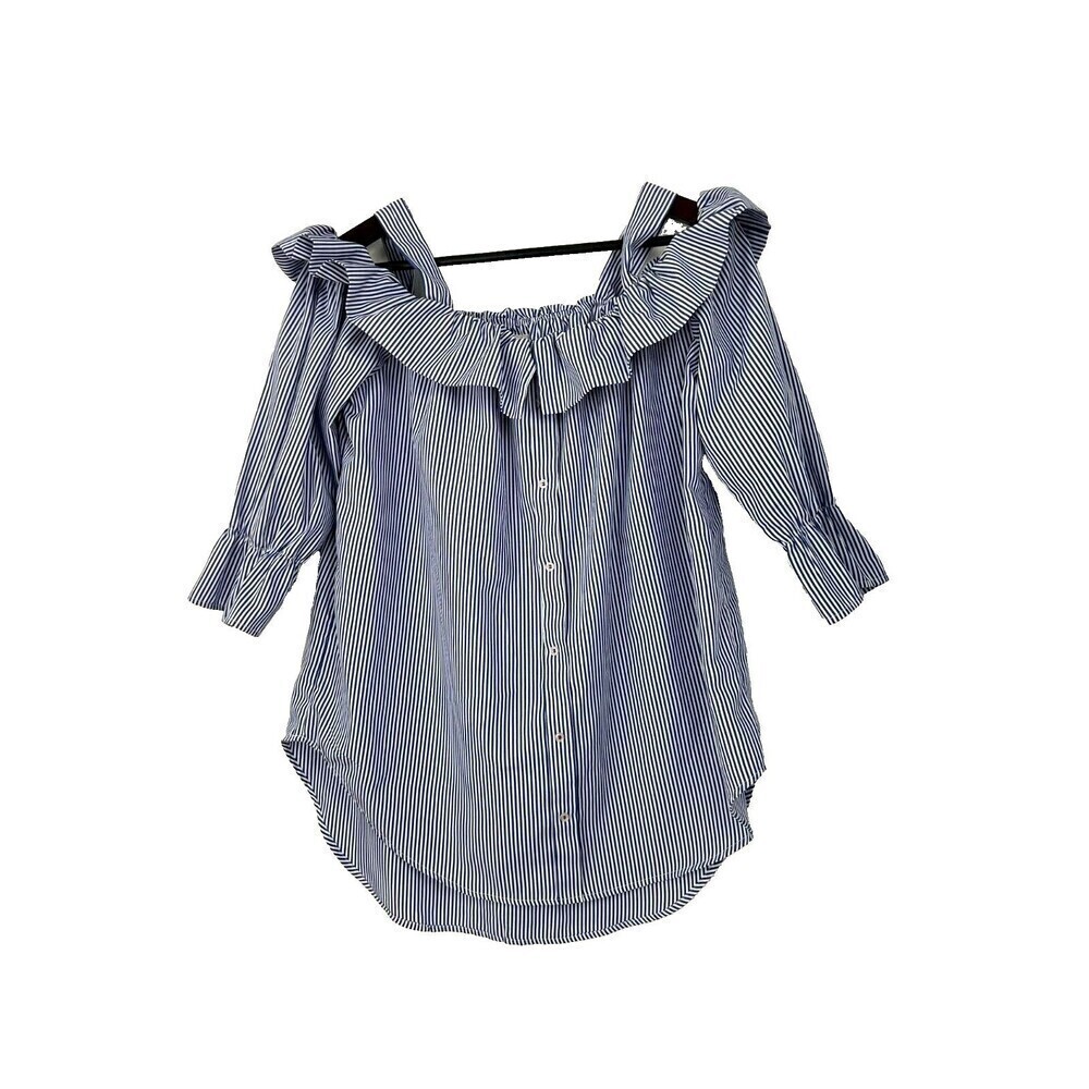 Janet Chung Womens Size L Blouse Blue White Striped Off Shoulder Ruffle Top H2 - Picture 2 of 12